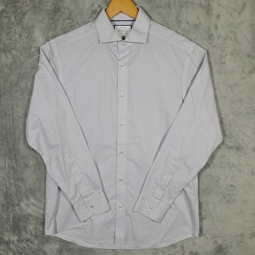 Charles Tyrwhitt Shirt Medium Button Up White Micro Purple Diamonds Geometric